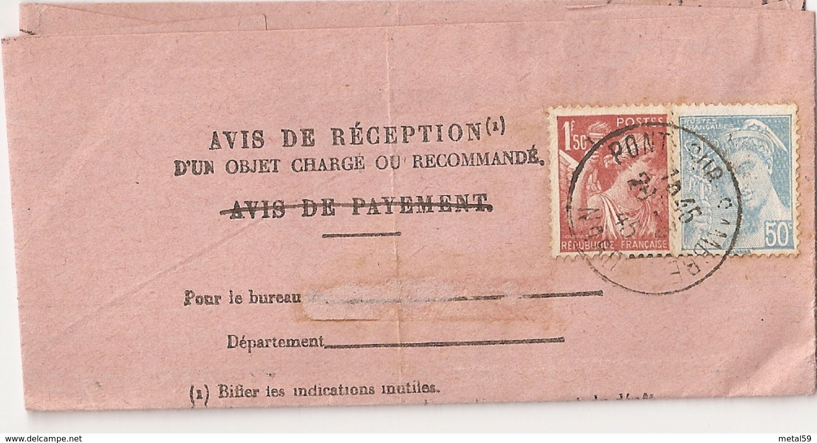 Avis De Réception D'un Objet De Pont Sur Sambre à Berlaimont, Timbres N° 652 + 660, 1945 - Autres & Non Classés