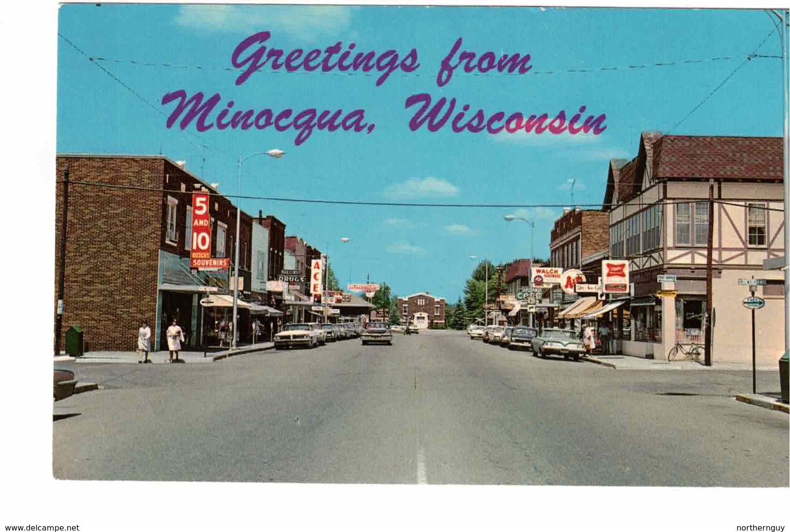 MINOCQUA, Wisconsin, USA, Main Street & Stores, Old Cars, 1960-70's Chrome Postcard - Autres & Non Classés