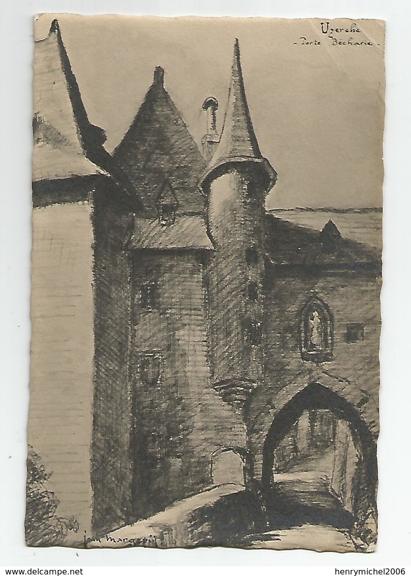 19 Uzerche Porte  Carte Photo Illustrée Par Jean Margerit , écrite  Brive 1949 - Uzerche