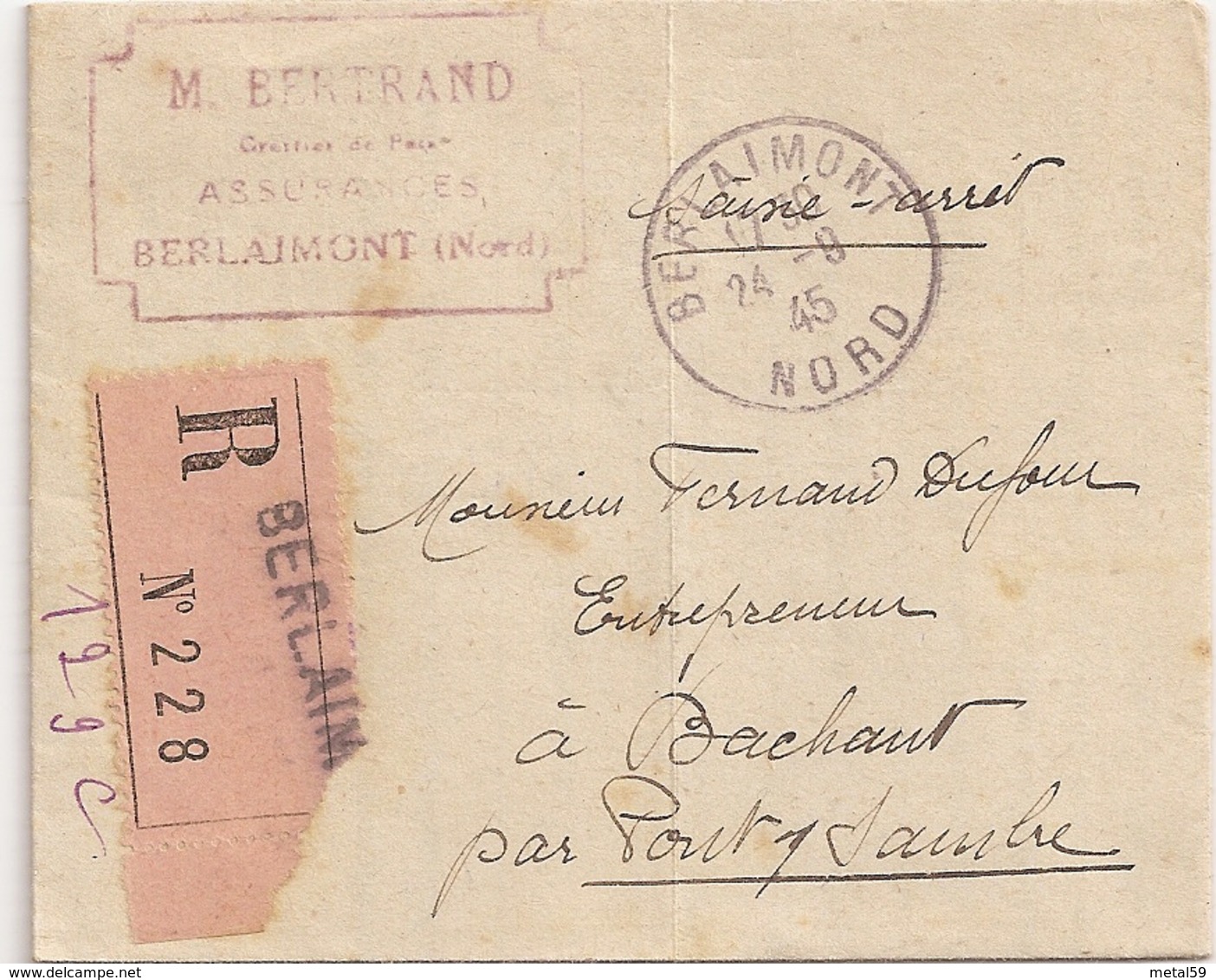 Saisie Arrêt Sur Salaire, Justice De Paix De Berlaimont, Recommandé Berlaimont Sans Timbre, 1945 - Sonstige & Ohne Zuordnung