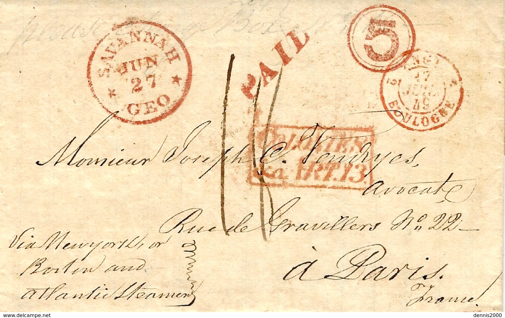 1849-letter From Savanah ( Géorgia,U S A ) To Paris - COLONIES / &c. ART. 13 Red,  + 5 Cents To N Y Or Boston -very Nice - …-1845 Prephilately