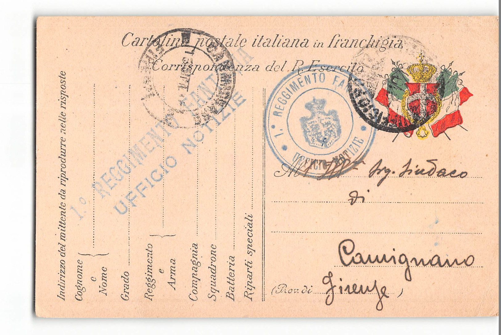 1311 POSTA MILITARE 1° REGG. FANTERIA UFFICIO NOTIZIE X Carmignano Firenze - Military Mail (PM)
