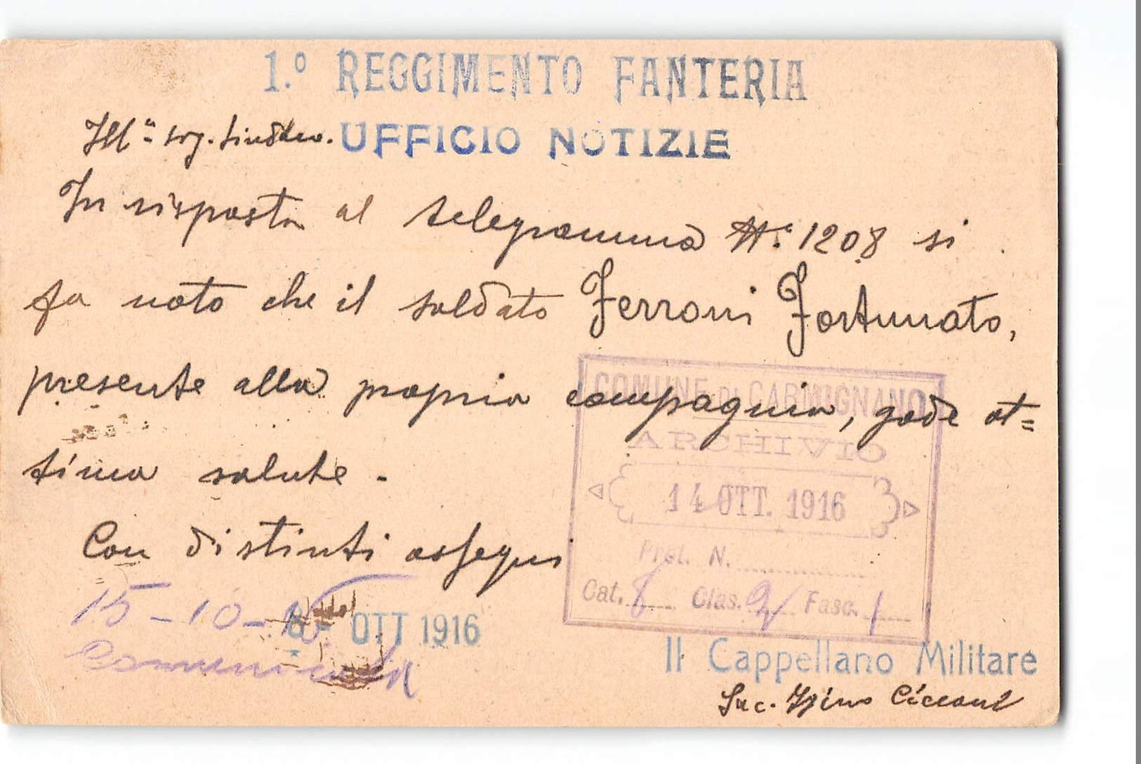 1311 POSTA MILITARE 1° REGG. FANTERIA UFFICIO NOTIZIE X Carmignano Firenze - Posta Militare (PM)