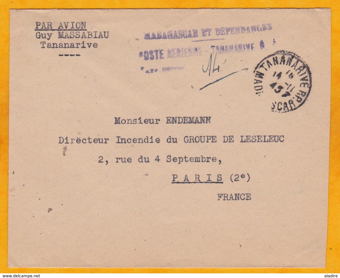 1945 - Enveloppe Par Avion De Tananarive, Madagascar Vers Paris, France - Taxe Perçue Faute De Timbres - Lettres & Documents