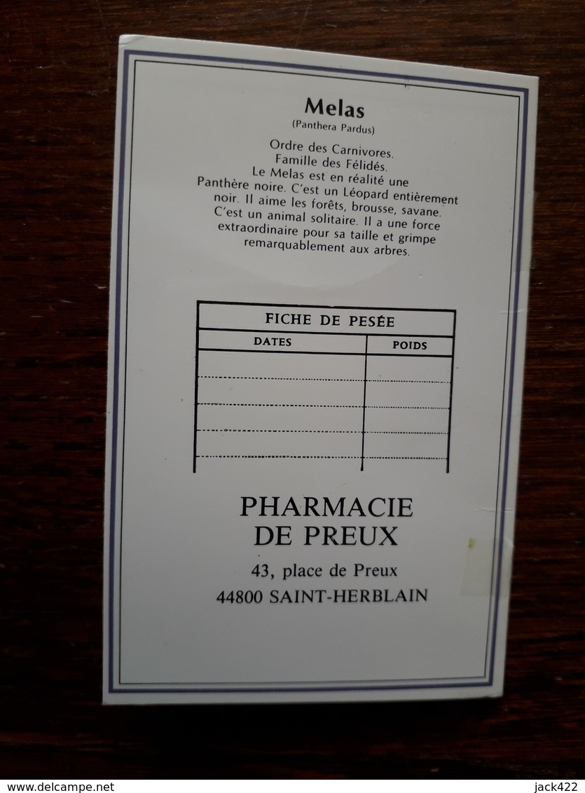 L20/110 Mini Calendrier Publicitaire. 1991. Panthere. Herblain. Pharmacie De Preux - Formato Piccolo : 1991-00