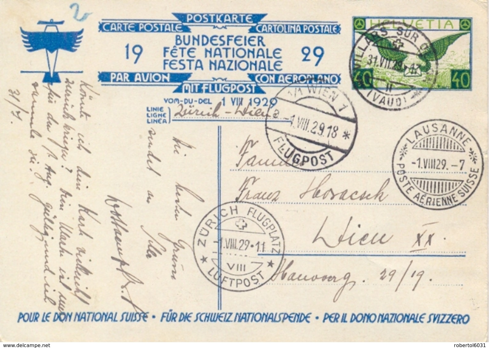 Switzerland Schweiz 1929 Postal Stationery Airmail Picture Postcard 40 C. BundesFeier Flown From Zurich To Vienna - Interi Postali