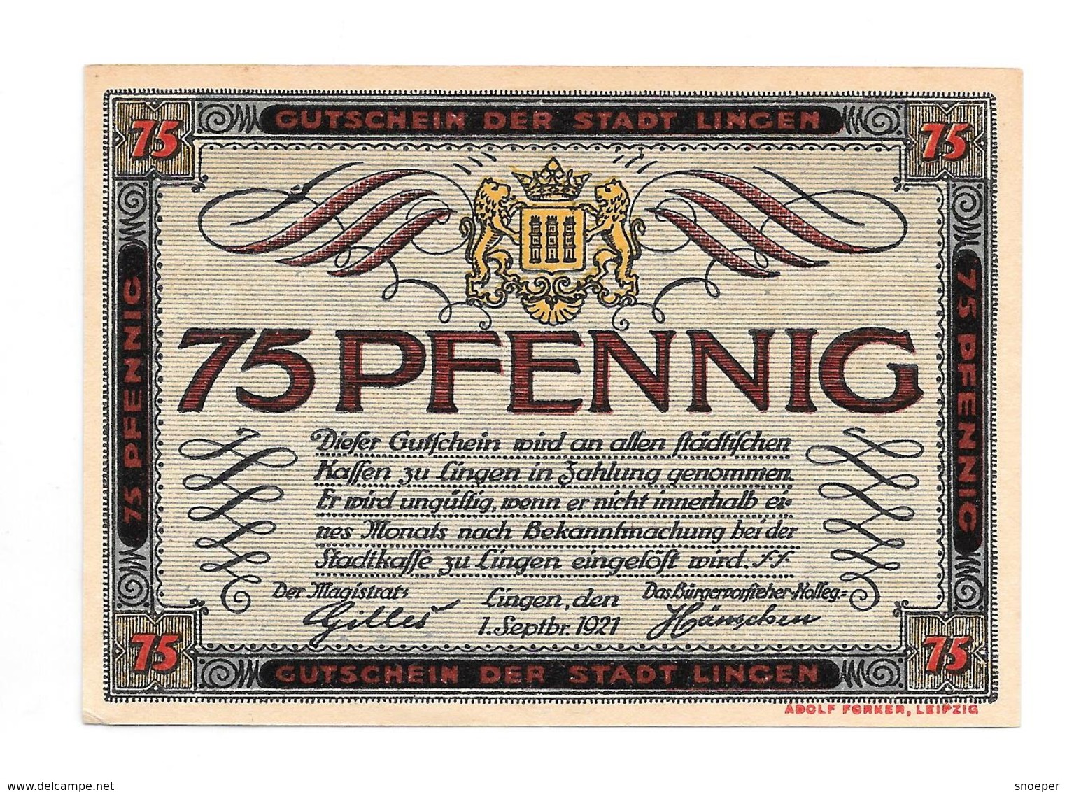 **notgeld  Lingen 75 Pfennig  803.3b - [11] Emissions Locales