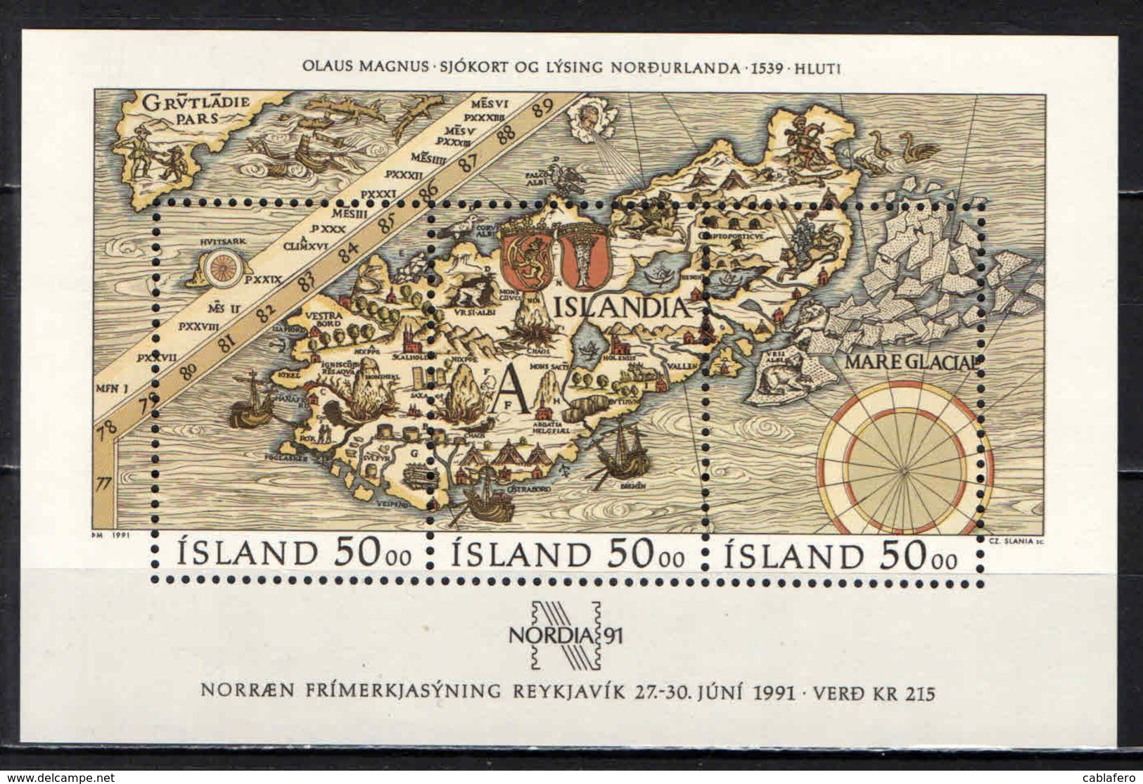 ISLANDA - 1991 - CARTA MARINA DI OLAUS MAGNUS DEL 1539 - FOGLIETTO - SOUVENIR SHEET - MNH - Nuovi