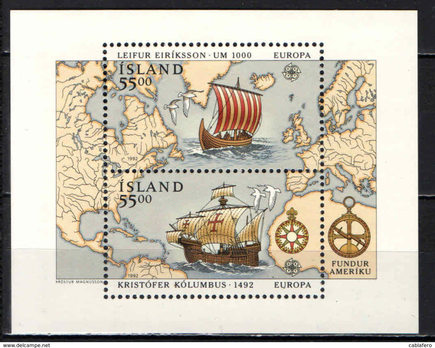 ISLANDA - 1992 - EUROPA UNITA: 5° CENTENARIO DELLA SCOPERTA DELL'AMERICA - MAPPA, NAVE VIKINGA E CARAVELLE - MNH - Nuovi