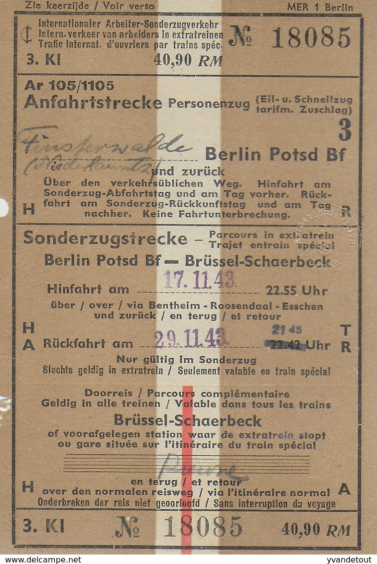 Billet Chemin De Fer 1943. .Berlin Bruxelles Schaerbeck. Militaria. Rare - Europa