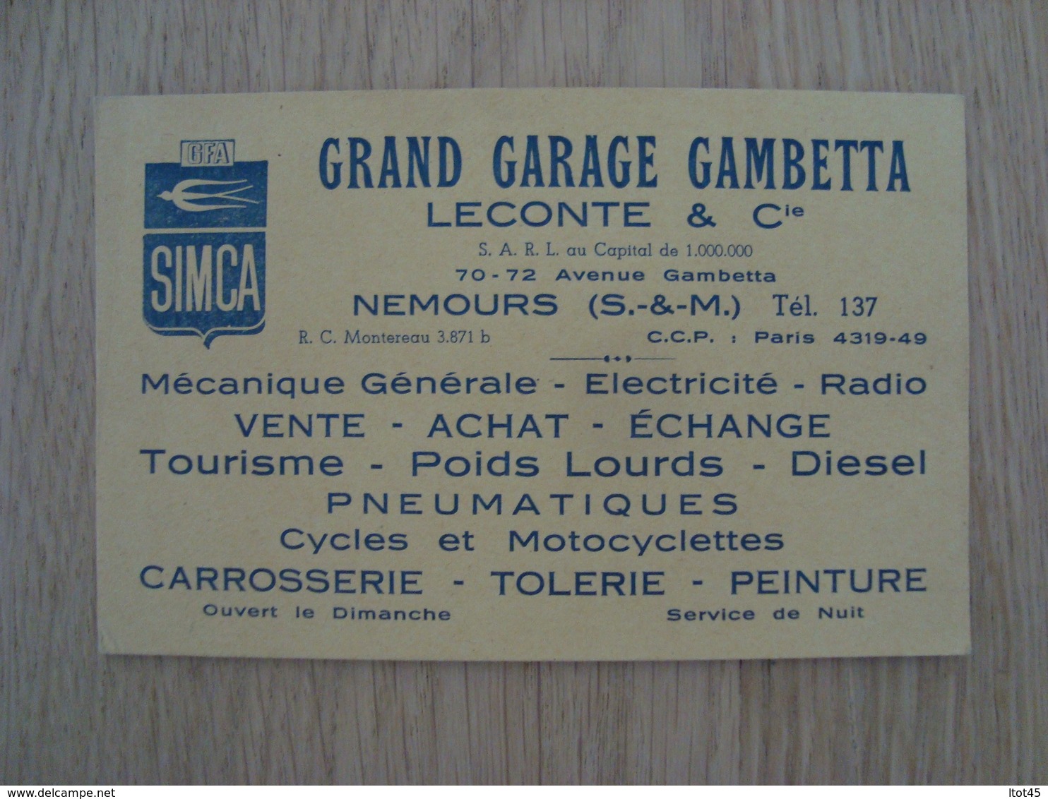 CARTE DE VISITE GARAGE GAMBETTA LECONTE & Cie NEMOURS 77 SIMCA - Cartes De Visite