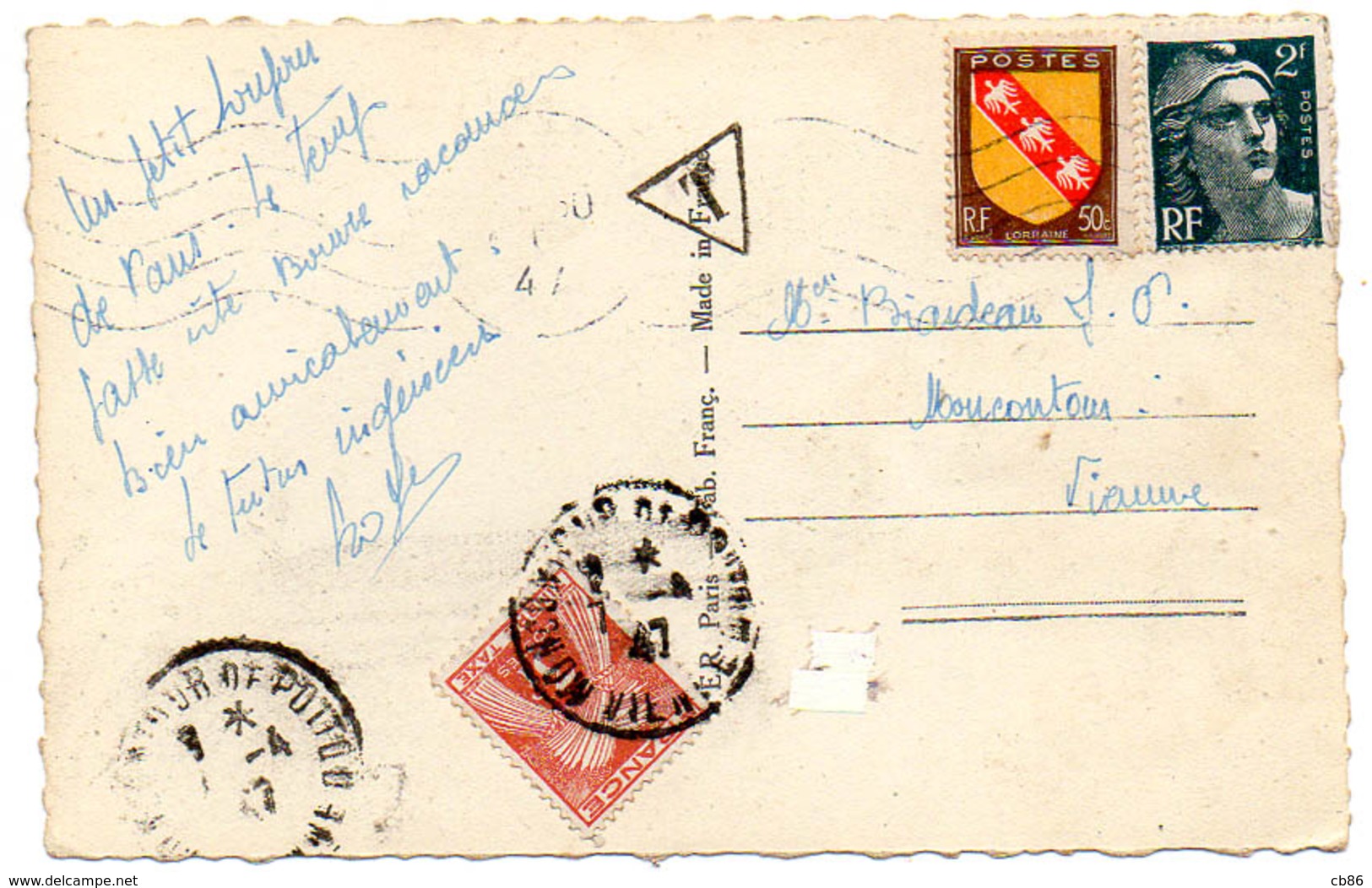 France N° 713, 757 Et Taxe 83 Y. Et T. Cachet A4 Moncontour De Poitou Vienne Du 07/04/1947 Ind 2 - 1921-1960: Période Moderne
