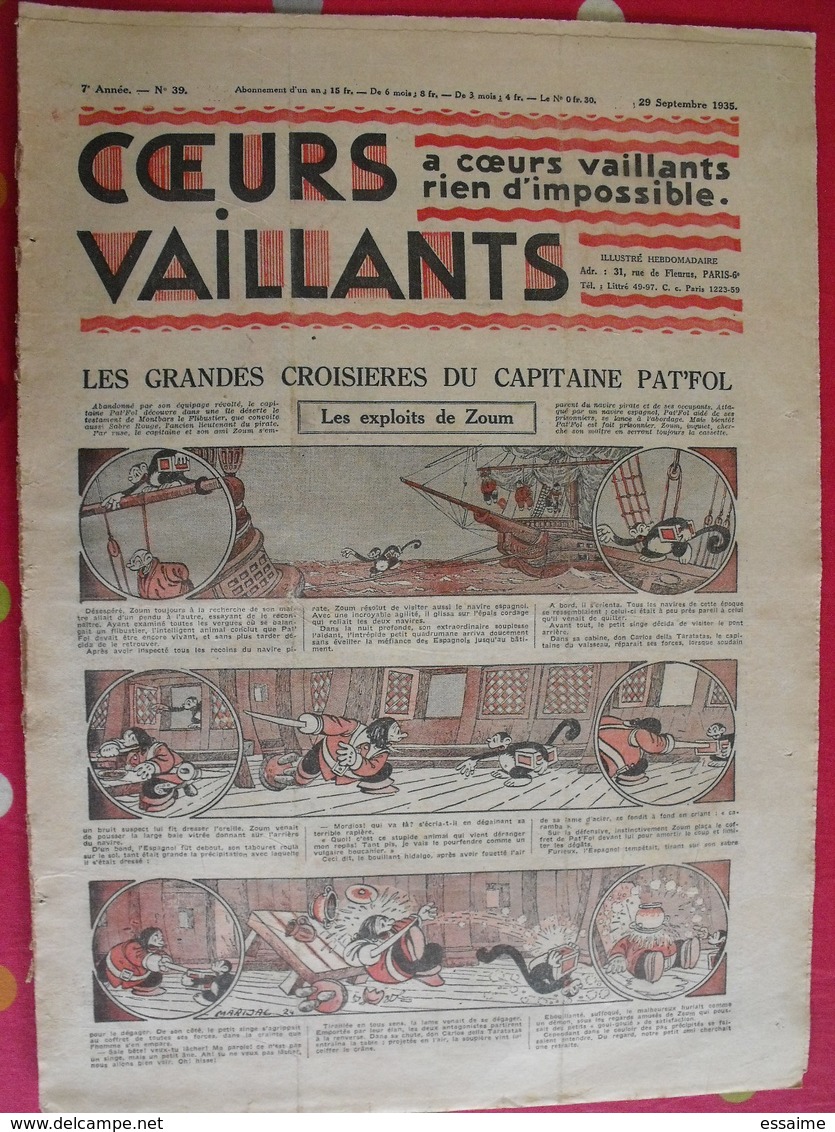 7 coeurs vaillants septembre-octobre 1935.  hergé tintin en orient (cigares du pharaon) jim boum marijac pat'fol