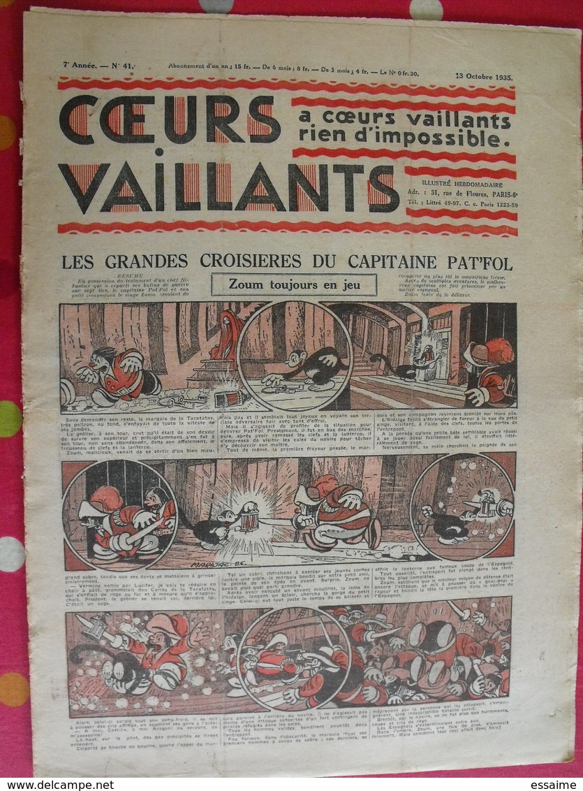 7 coeurs vaillants septembre-octobre 1935.  hergé tintin en orient (cigares du pharaon) jim boum marijac pat'fol