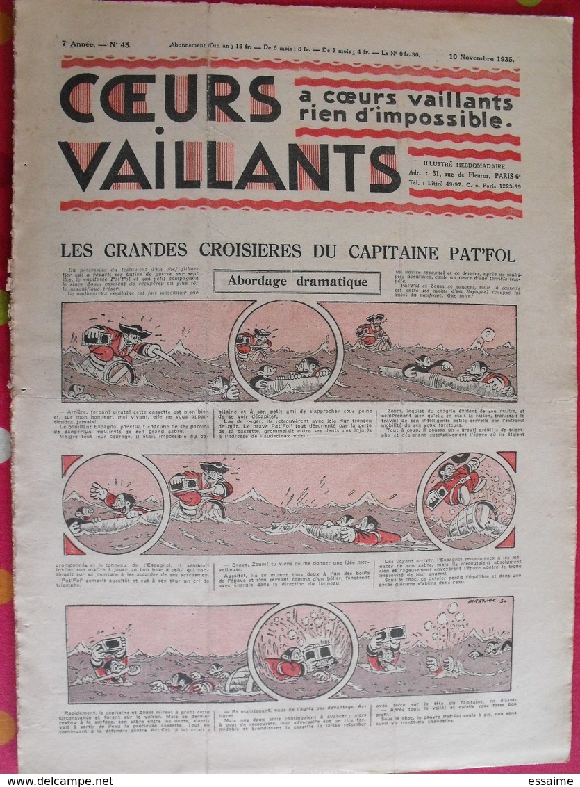 8 Coeurs Vaillants Novembre-décembre 1935.  Hergé Tintin En Orient (cigares Du Pharaon) Jim Boum Marijac Pat'fol - Other Magazines