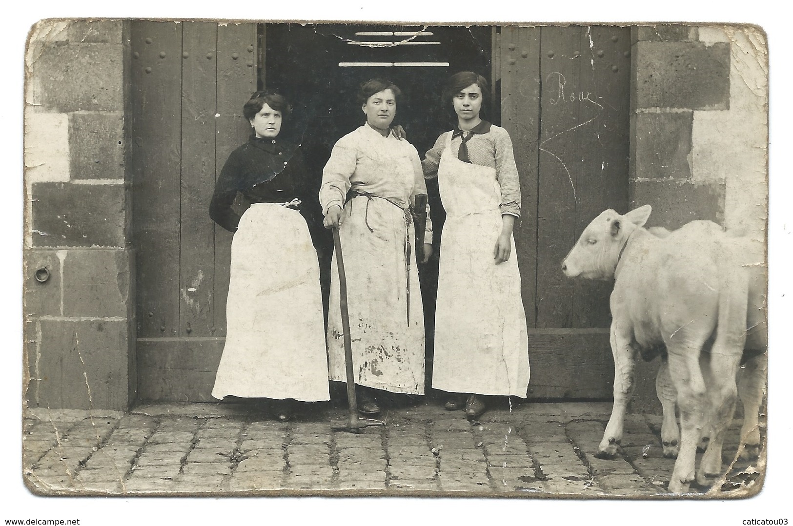 ABBATTOIR - Carte Photo 3 Femmes Avec Tablier Devant L'entrée - Un Nom "ROUX" - Lieu Indéfini - Autres & Non Classés