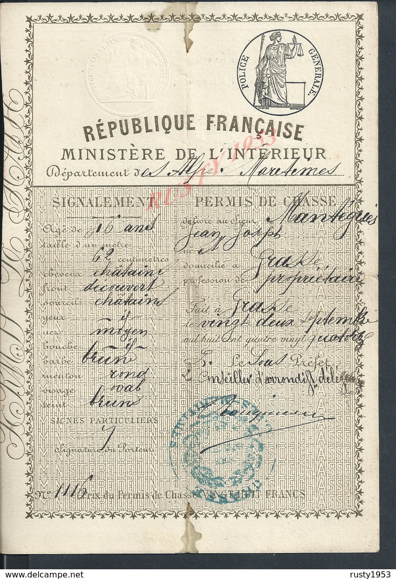 PERMIS DE CHASSE DE Mr MANAÉUES ? JEAN JOSEPH DOMICILE À GRASSE FAIT À GRASSE : - Autres & Non Classés