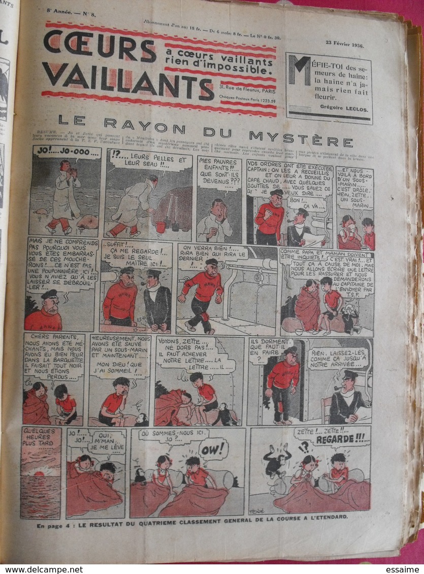 52 coeurs vaillants 1936. reliure amateur. Hergé tintin en extrême-orient (lotus bleu) jo zette jim boum marijac pat'fol