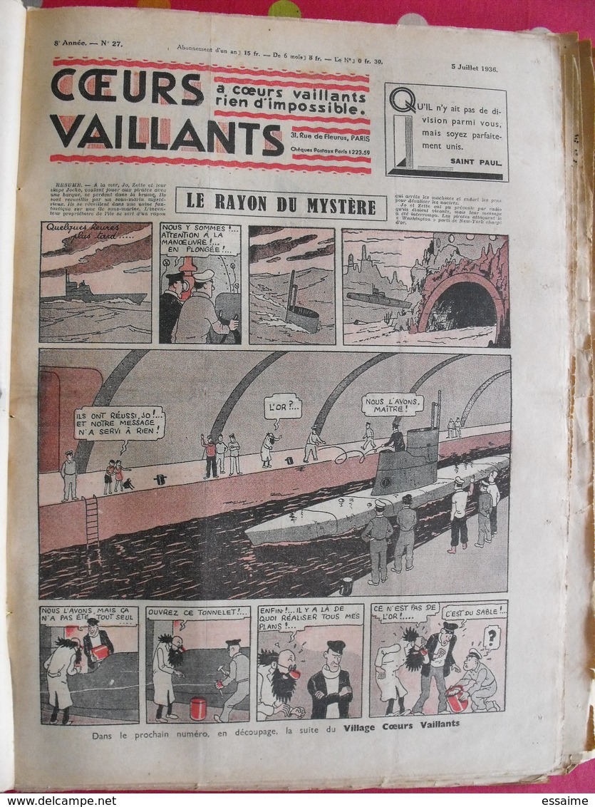 52 coeurs vaillants 1936. reliure amateur. Hergé tintin en extrême-orient (lotus bleu) jo zette jim boum marijac pat'fol