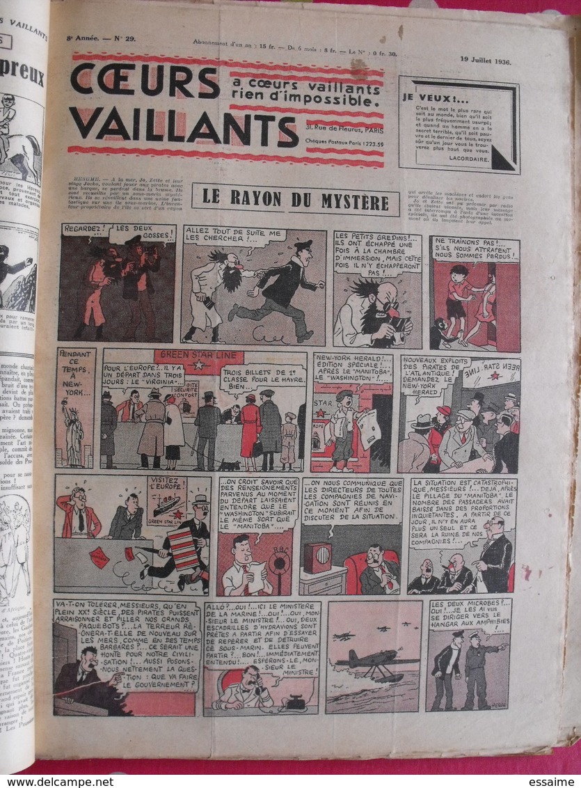 52 coeurs vaillants 1936. reliure amateur. Hergé tintin en extrême-orient (lotus bleu) jo zette jim boum marijac pat'fol