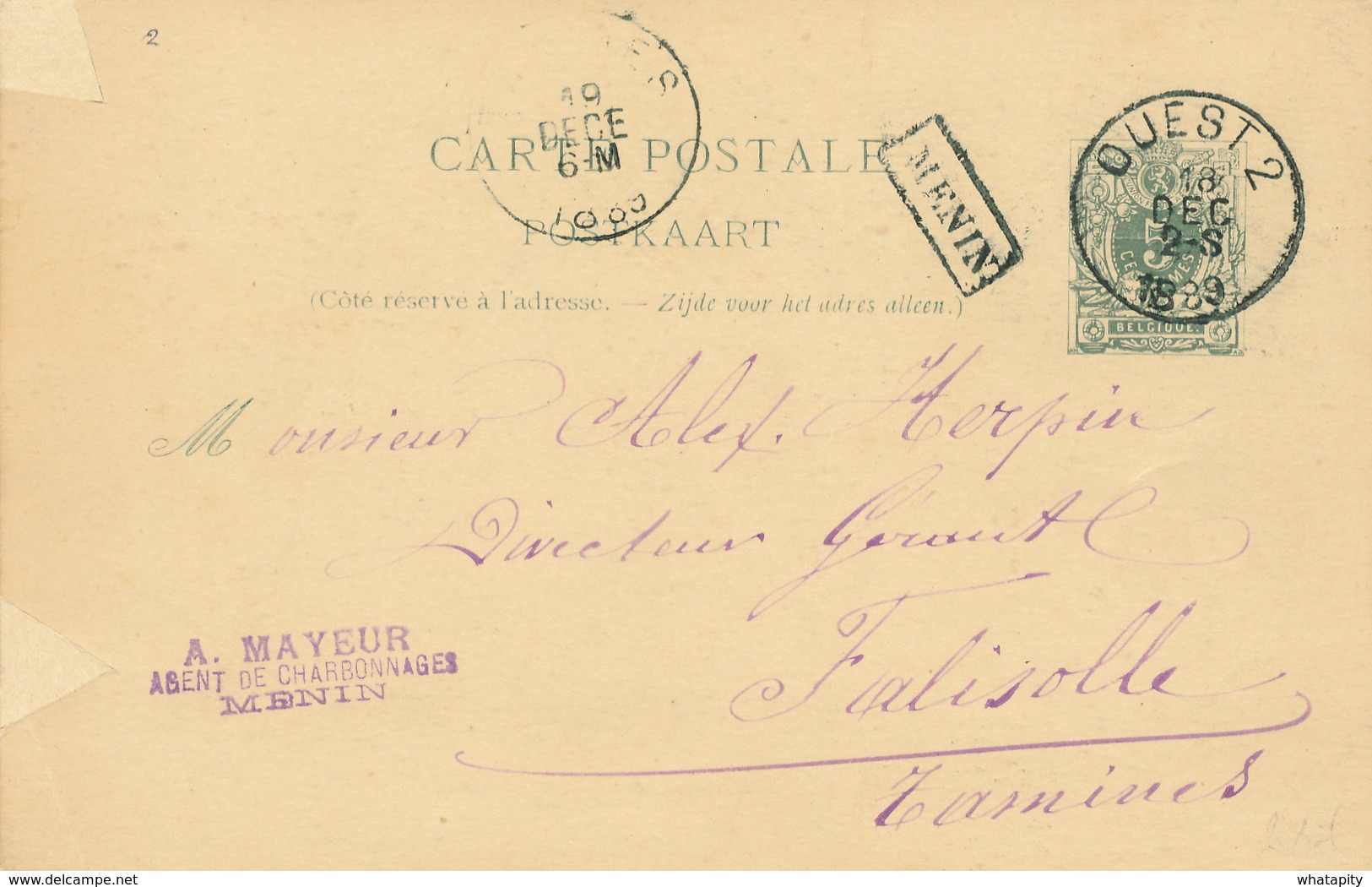 060/29 - Entier Postal Lion Couché Ambulant OUEST 2 En 1889 Vers FALISOLLE TAMINES - Griffe De Gare Encadrée MENIN - Ambulants