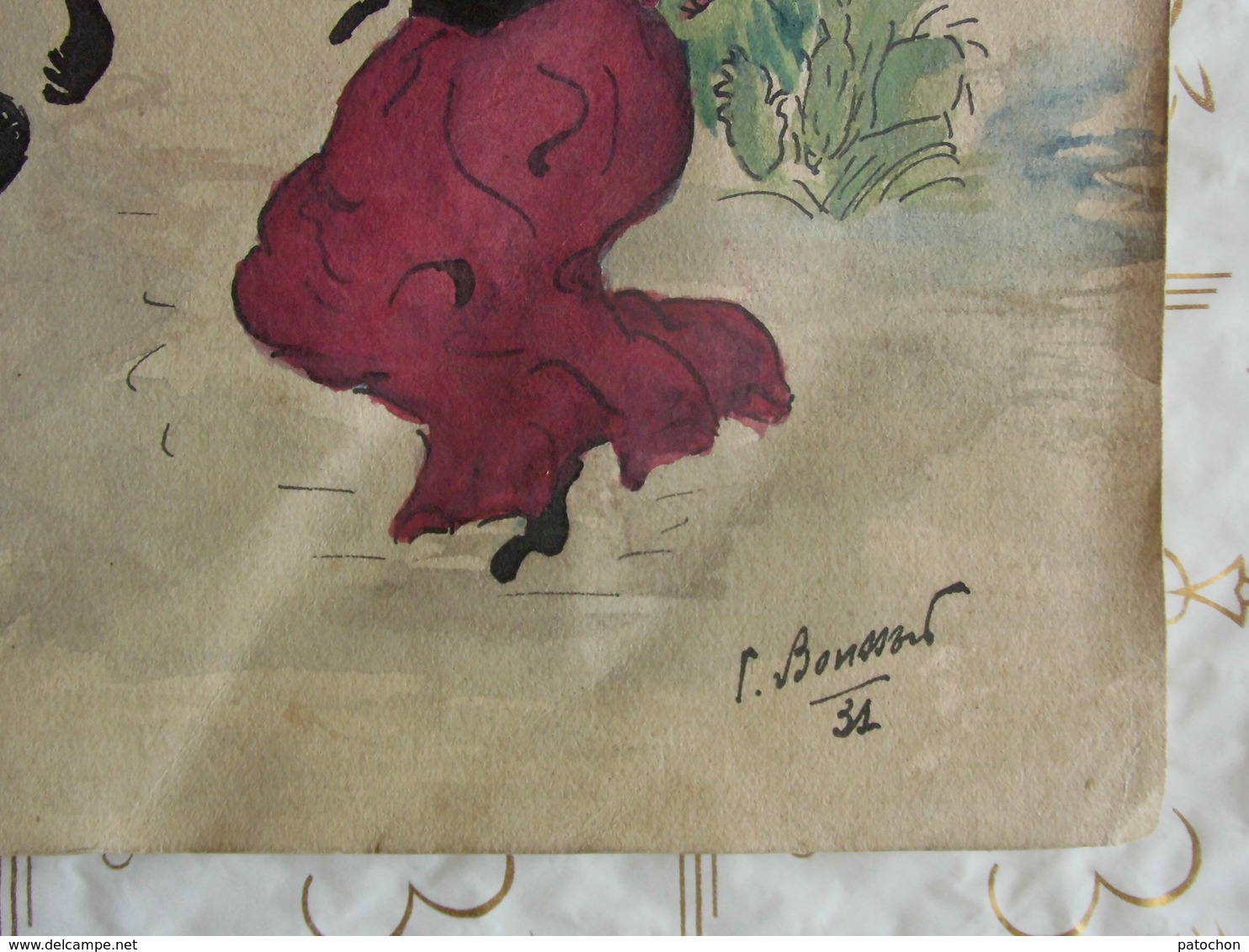 Dessin Aquarelle Encre De Chine Signée Dédicacée 1931 Bamboula Macabre Origine Et Signature à Déterminer...? - Art Populaire