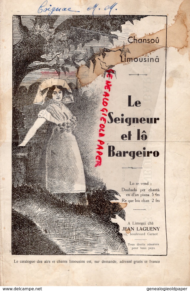 87- LIMOGES- PARTITION MUSIQUE LE SEIGNEUR ET LO BARGEIRO-CHANSOU LIMOUSINA- JEAN LAGUENY-14 BOULEVARD CARNOT-BARBICHET - Scores & Partitions