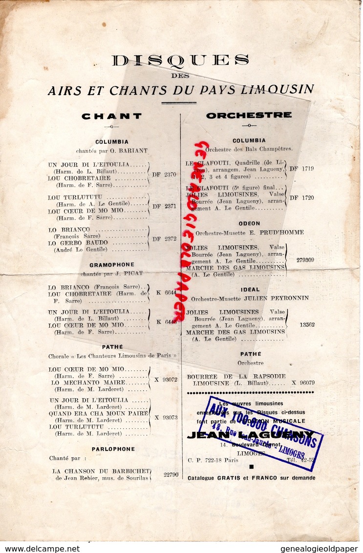 87- LIMOGES- PARTITION MUSIQUE LE SEIGNEUR ET LO BARGEIRO-CHANSOU LIMOUSINA- JEAN LAGUENY-14 BOULEVARD CARNOT-BARBICHET - Partituras