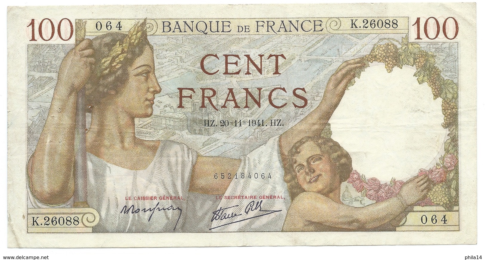 Billet Français De 100 Francs SULLY Du 20/11/1941 K.26088 - 100 F 1939-1942 ''Sully''