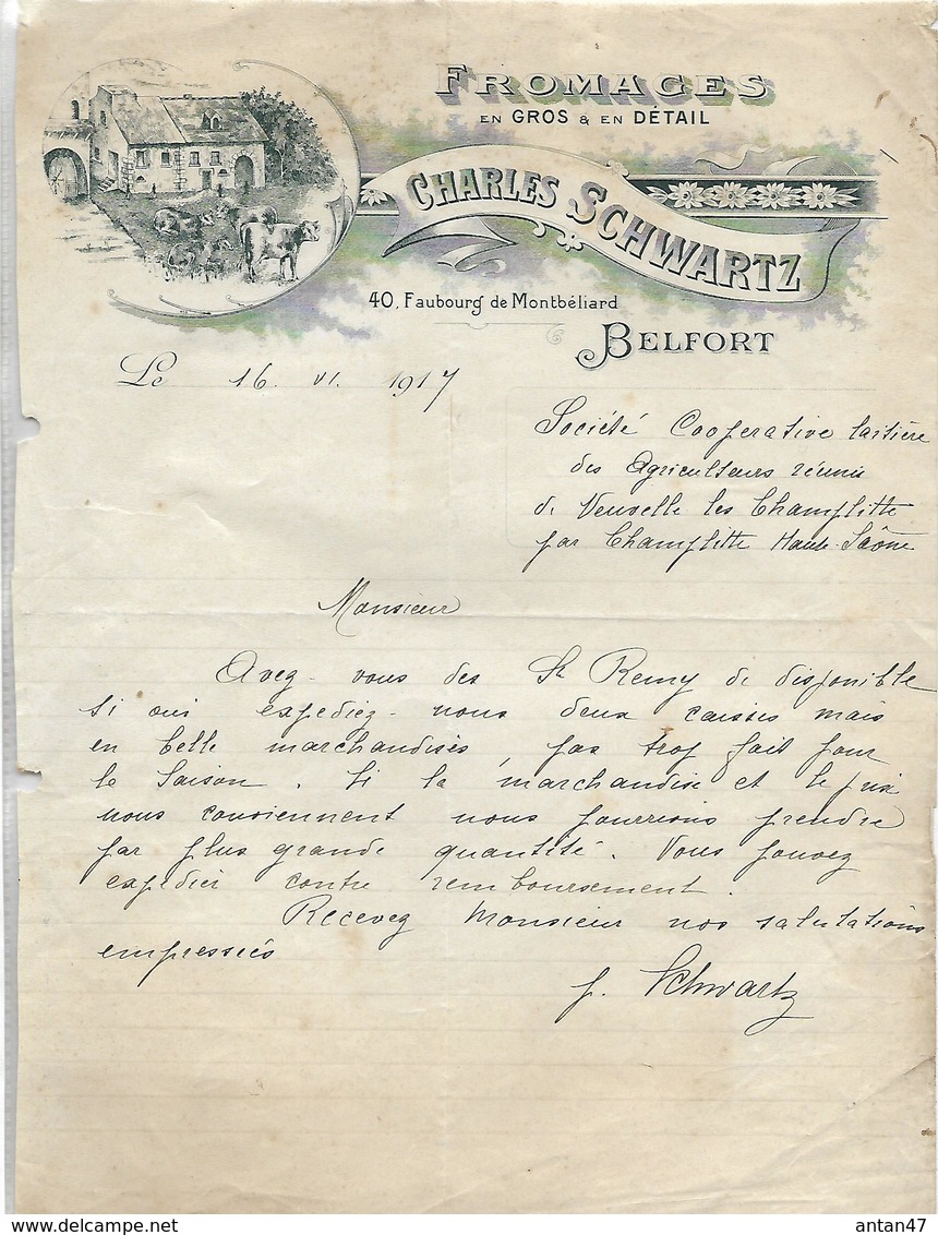 Lettre 1917  / 90 BELFORT / Fromages Charles SCHWARTZ - 1900 – 1949