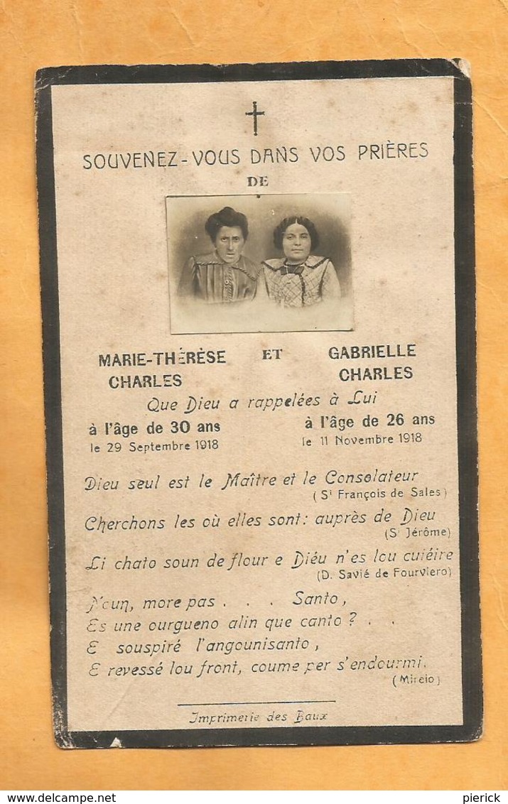 IMAGE GENEALOGIE FAIRE PART AVIS DECES CARTE MORTUAIRE MARIE THERESE GABRIELLE CHARLES 1918 - Esquela