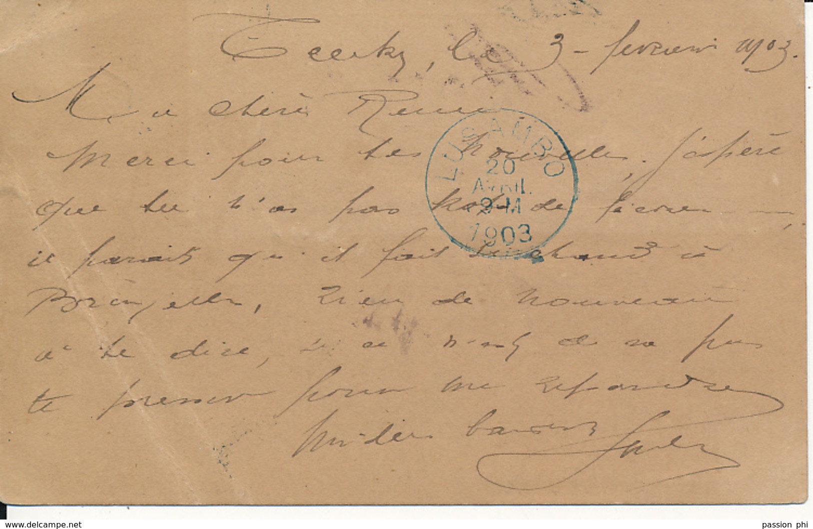 BELGIAN CONGO PS FROM TENKE 03.02.1903 TO BRUSSELS TRANSIT LUSAMBO - Entiers Postaux