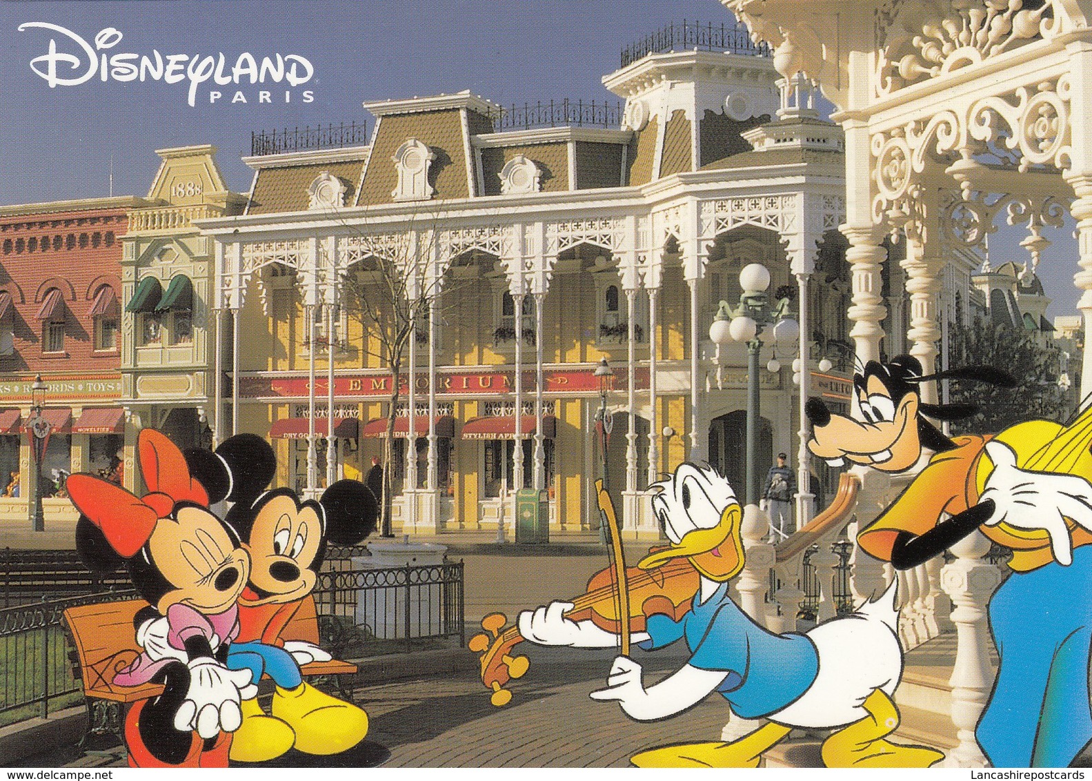 Postcard Disneyland Paris Main Street USA Mickey Mouse Donald Duck & Goofy My Ref  B23564 - Disneyland