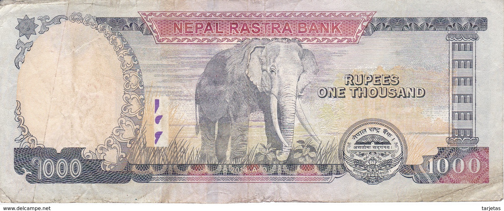 BILLETE DE NEPAL DE 1000 RUPIAS DEL AÑO 2013 - ELEFANTE-ELEPHANT (BANKNOTE) - Nepal