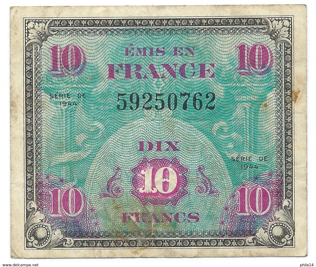 BILLET DU TRESOR 10 FRANCS TYPE DRAPEAU EMIS EN FRANCE EN 1944 - 1944 Drapeau/France