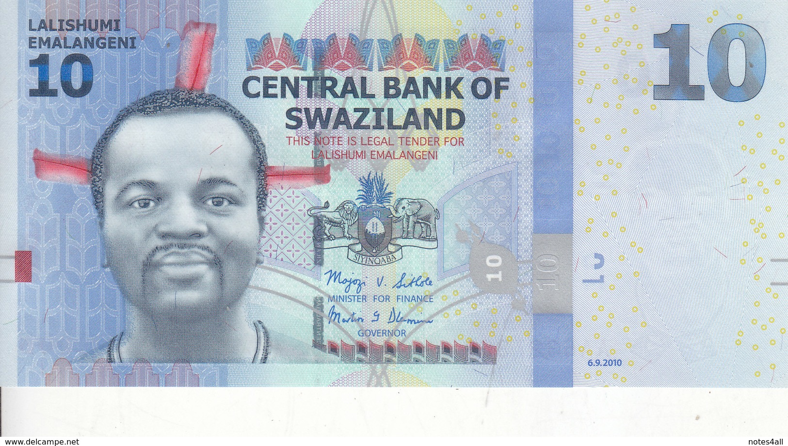 SWAZILAND 10 EMELANGENI 2010 P-36 UNC */* - Swaziland