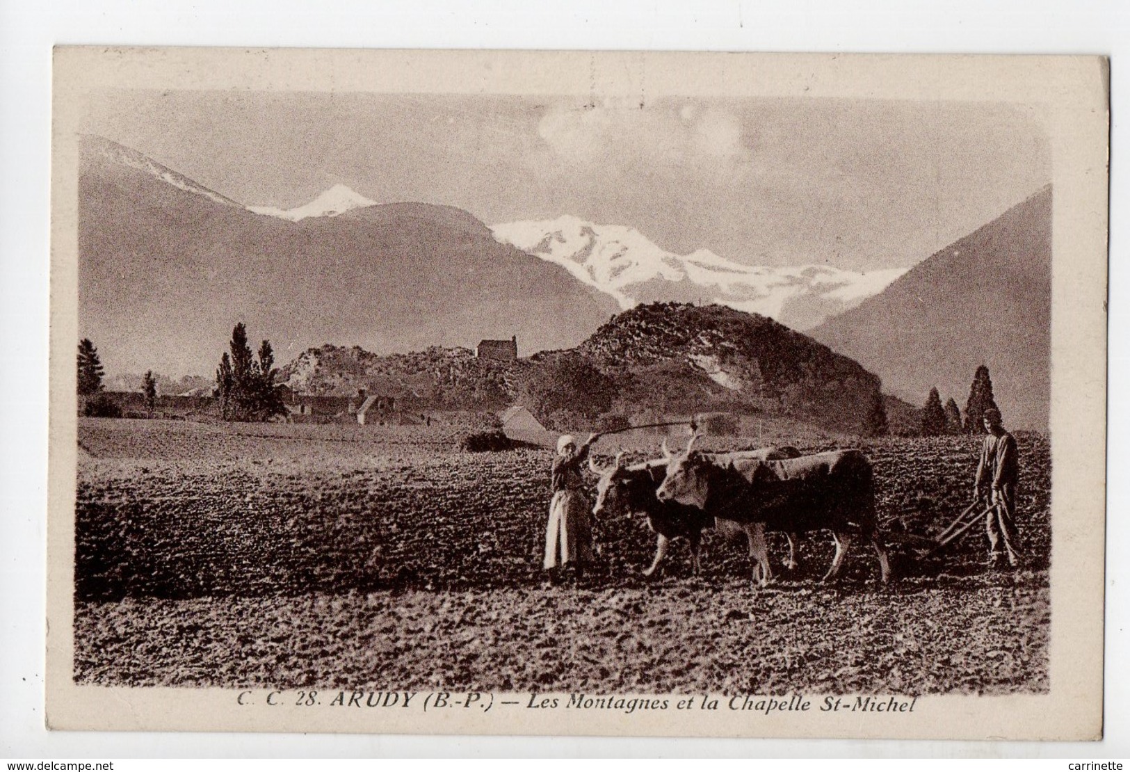 ARUDY - 64 - Béarn - Attelage Au Labour - Les Montagnes Et La Chapelle St Michel - Arudy