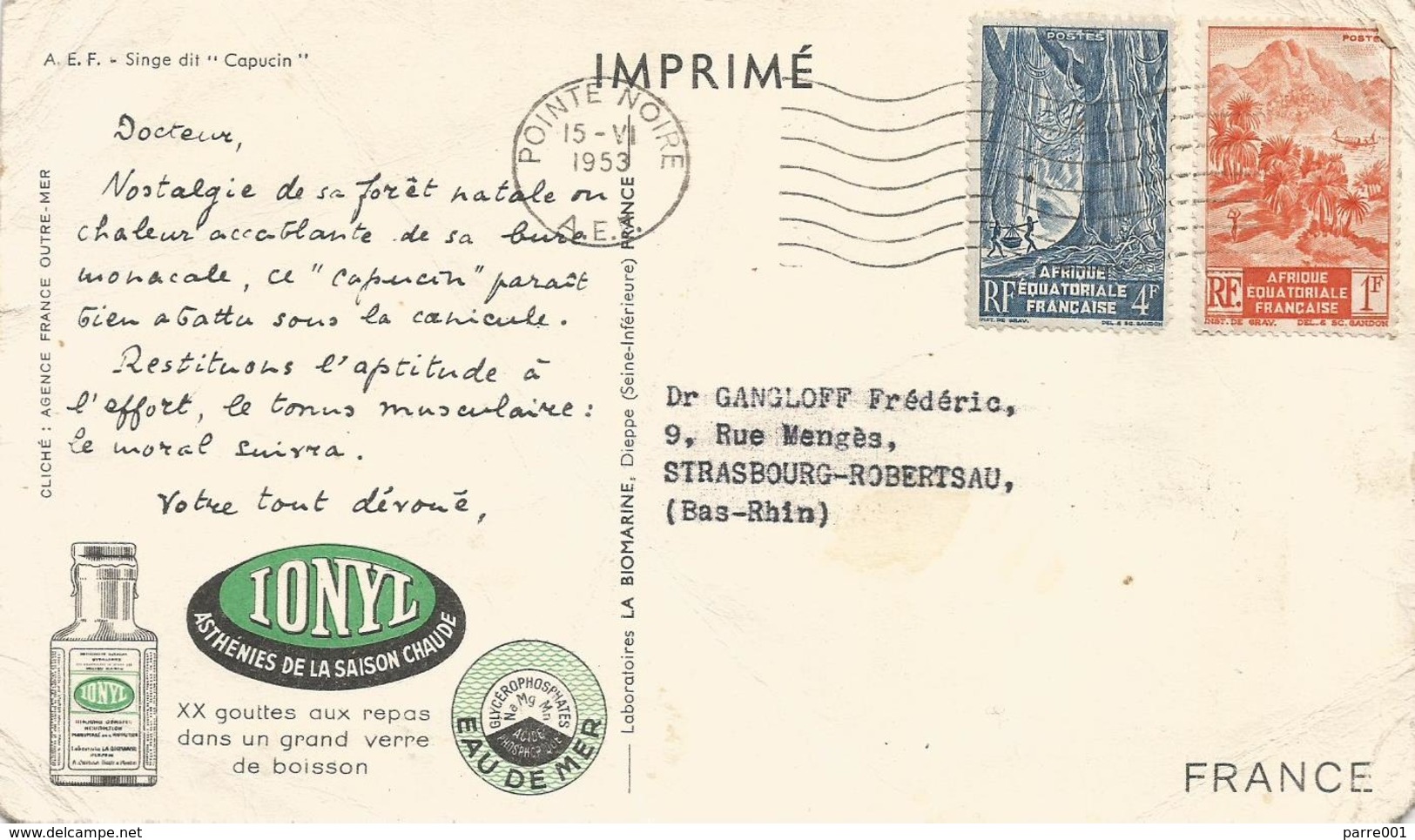 Congo 1953 Pointe Noire Ionnyl Viewcard - Brieven En Documenten