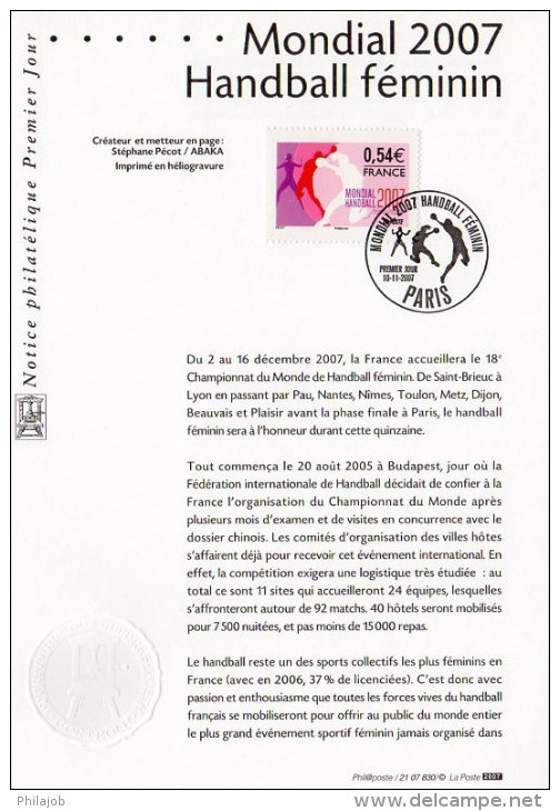 " MONDIAL 2007 DE HANDBALL FEMININ " Sur Notice Officielle 1er Jour De 2007. N° YT 4118. Parfait état. - Hand-Ball