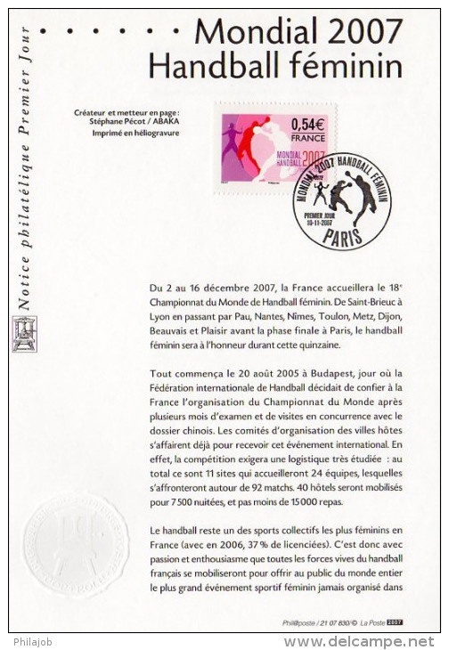 " MONDIAL 2007 DE HANDBALL FEMININ " Sur Notice Officielle 1er Jour De 2007. N° YT 4118. Parfait état. - Handball