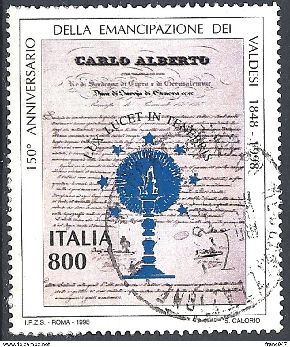 Italia, 1998 Emancipazione Ebrei Italiani, 800L Policromo # Michel 2613 - Scott 2277 - Sassone 2392 - Usato - 1991-00: Oblitérés