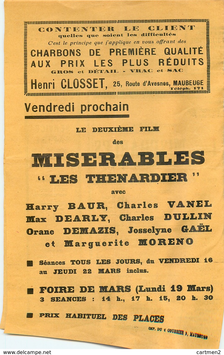 MAUBEUGE PROGRAMME DU CINEMA DE LA BOURSE " LES MISERABLES " VICTOR HUGO TEMPETE SOUS UN CRANE 59 NORD - Maubeuge