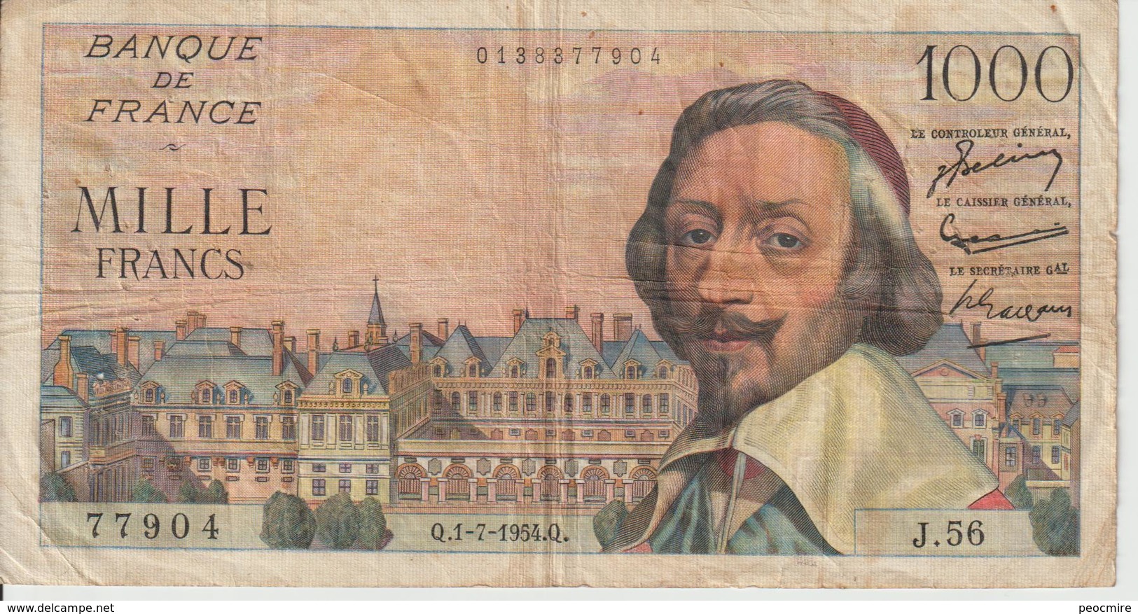 Billet  1.000 Francs  Richelieu - Q.1-7-1954.Q. - N°  77904 -  J.56 - 1 000 F 1953-1957 ''Richelieu''