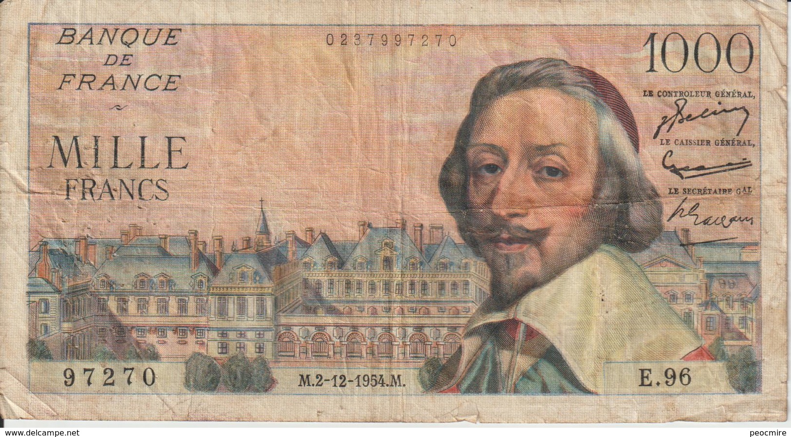 Billet  1.000 Francs  Richelieu - M.2-12-1954.m. - N° 97270 - E.96 - 1 000 F 1953-1957 ''Richelieu''