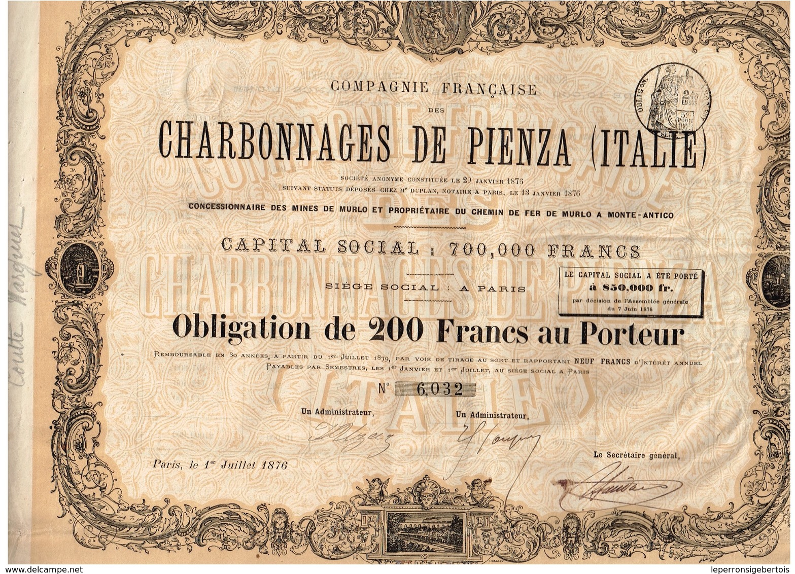 Titre Ancien - Compagnie Française Des Charbonnages De Pienza  (Italie) - Obligation De 1876 - Déco - Mines