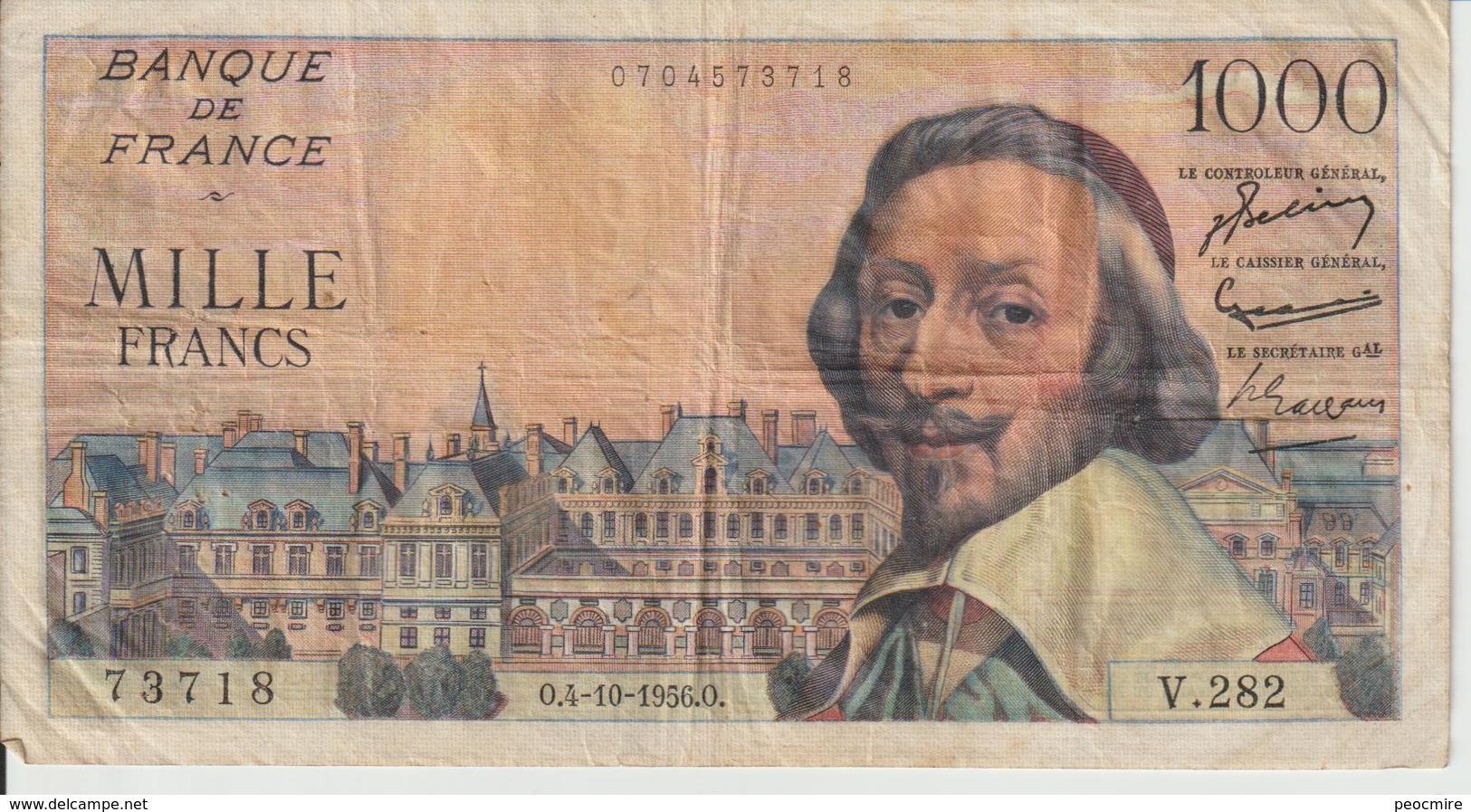 Billet  1.000  Francs  Richelieu - O.4-10- 1956.O.  -  N° 73718 -  V.282 - 1 000 F 1953-1957 ''Richelieu''