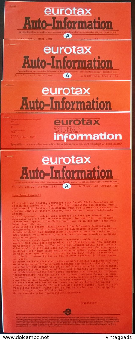 CA074, 5 Stk. Eurotax Auto-Informationen, 1x 1981, 4 X 1983, Neuwertig - Cars & Transportation