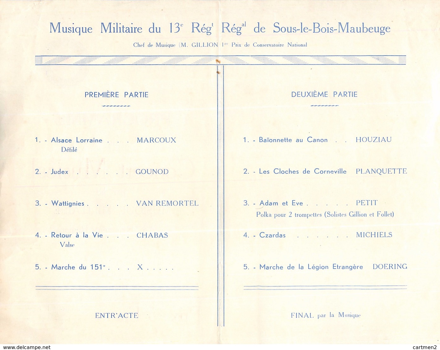 MAUBEUGE PROGAMME CONCERT MUNICIPAL MUSIQUE MILITAIRE  13e REGIMENT REGIONAL SOUS-LE-BOIS 1939 GUERRE - Maubeuge