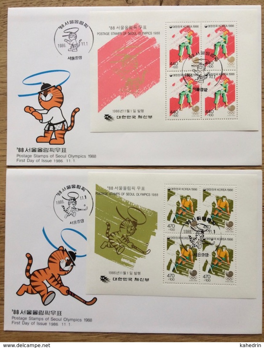 Coree Du Sud / South Korea 1986, FDC: Olympic Games Seoul Mascot Tiger Hodori Judo Hockey - Estate 1988: Seul