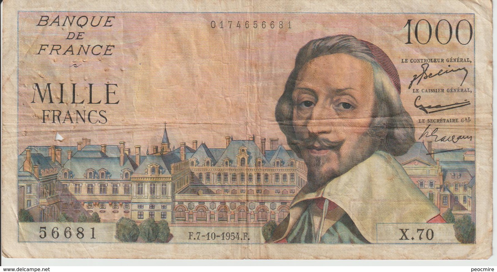 Billet  1.000  Francs  Richelieu -  F.7-10-1954.F.  -  N°  56681 6  X.70. - 1 000 F 1953-1957 ''Richelieu''